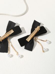 2pcs Rhinestone Bow & Faux Pearl Decor Hair Clip - Black and White - View 5