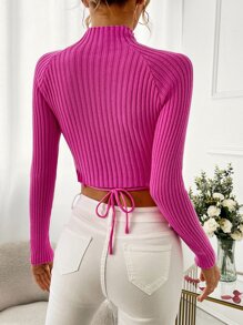Allurite Twist Front Cut Out Raglan Sleeve Crop Jumper - Hot Pink - View 2