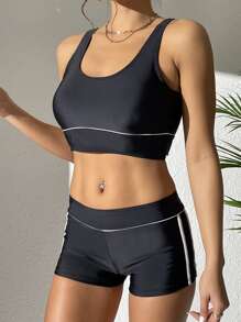 Contrast Binding Shorts Summer Beach Bikini Set - Black - View 1