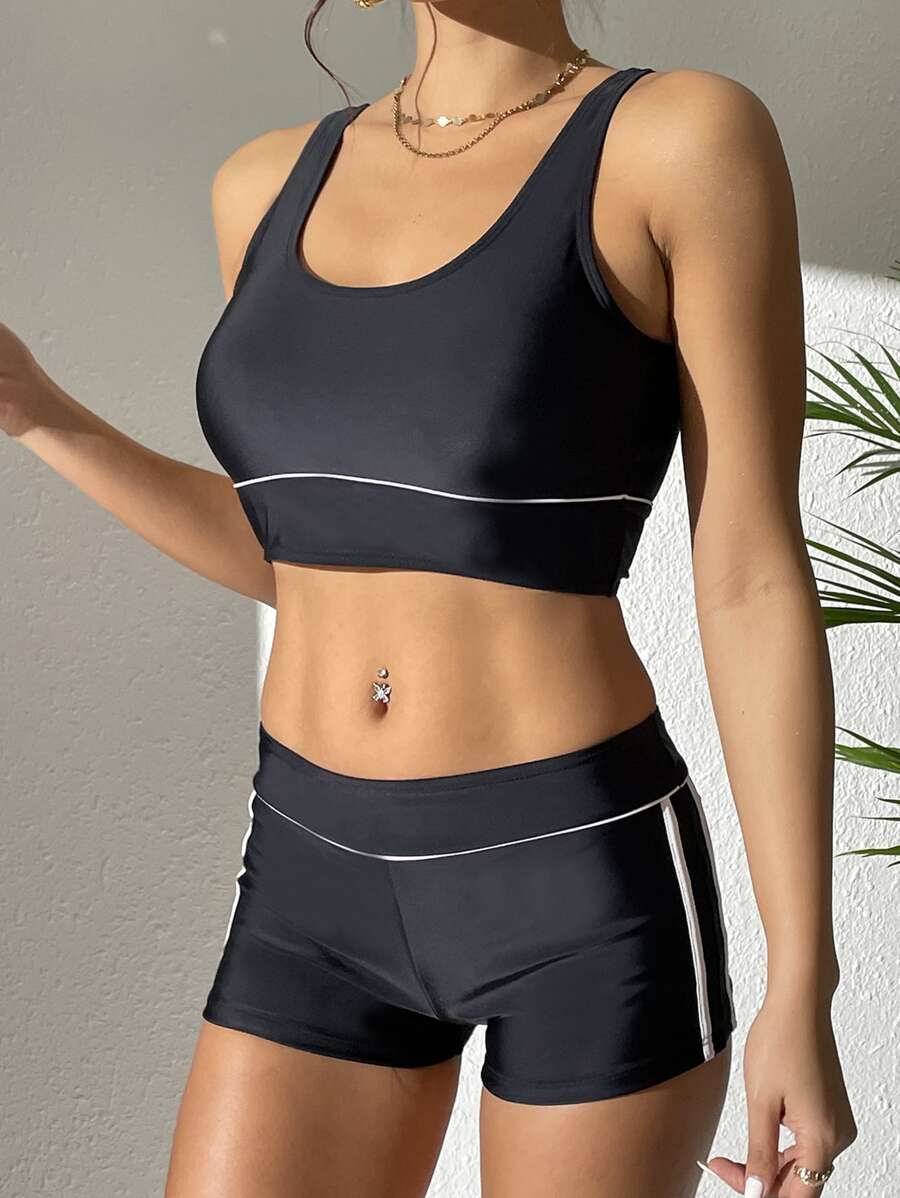 Contrast Binding Shorts Summer Beach Bikini Set - Black - View 1
