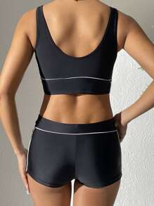 Contrast Binding Shorts Summer Beach Bikini Set - Black - View 2