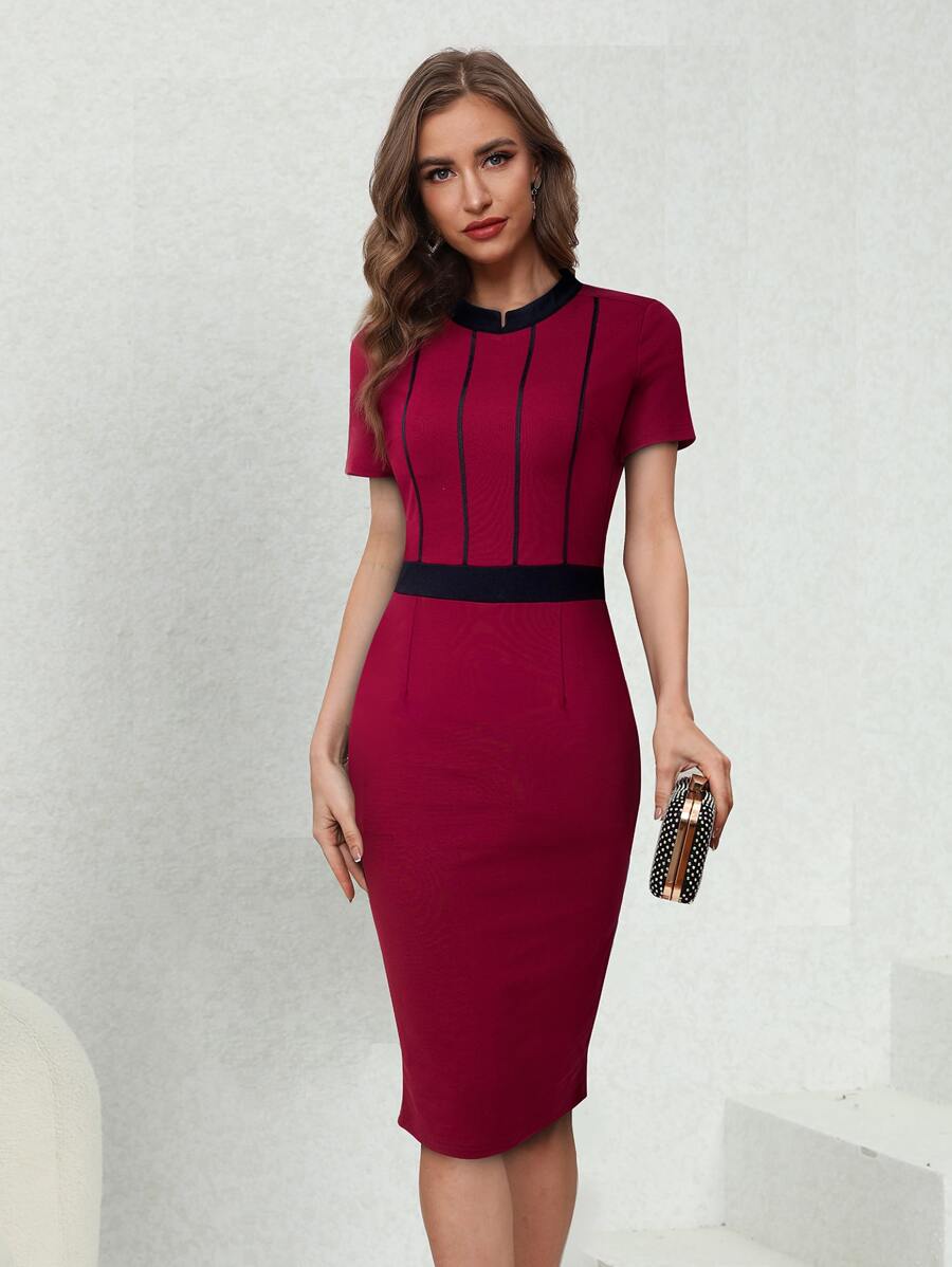 頂針拼接邊緊身洋裝 - 酒紅色 - 查看 1