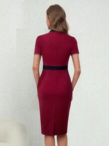 頂針拼接邊緊身洋裝 - 酒紅色 - 查看 2