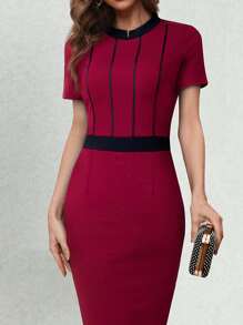 頂針拼接邊緊身洋裝 - 酒紅色 - 查看 4