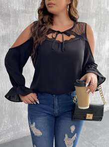 SHEIN LUNE Plus Contrast Lace Cold Shoulder Tie Neck Flounce Sleeve Blouse - Black - View 1