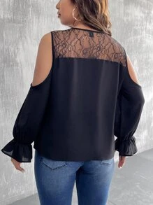 SHEIN LUNE Plus Contrast Lace Cold Shoulder Tie Neck Flounce Sleeve Blouse - Black - View 2