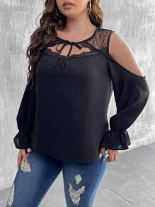SHEIN LUNE Plus Contrast Lace Cold Shoulder Tie Neck Flounce Sleeve Blouse - Black - View 4