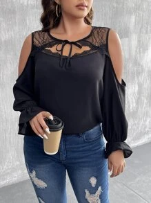 SHEIN LUNE Plus Contrast Lace Cold Shoulder Tie Neck Flounce Sleeve Blouse - Black - View 5
