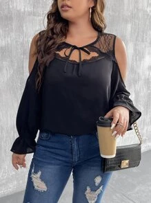 SHEIN LUNE Plus Contrast Lace Cold Shoulder Tie Neck Flounce Sleeve Blouse - Black - View 6