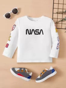 SHEIN Chàng trai trẻ Lỏng lẻo Thoải mái Cơ bản Tay áo dài Áo thun Với Tiếng Anh In - trắng - Xem 1