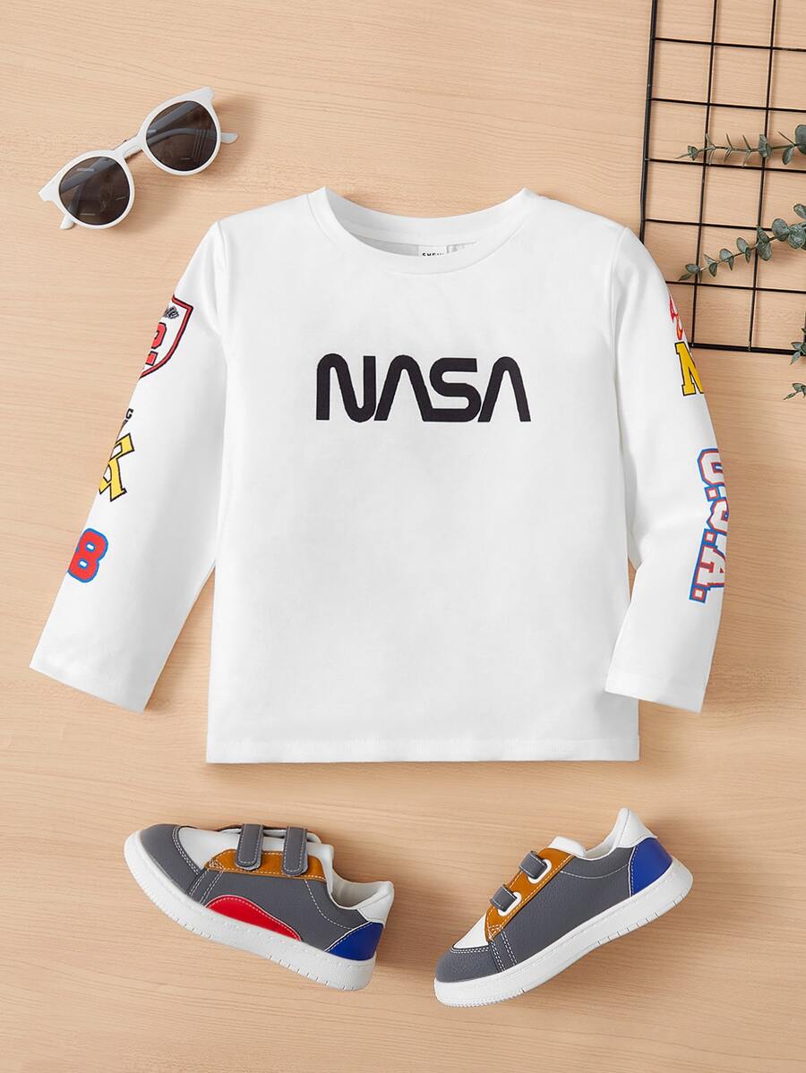 SHEIN Chàng trai trẻ Lỏng lẻo Thoải mái Cơ bản Tay áo dài Áo thun Với Tiếng Anh In - trắng - Xem 1