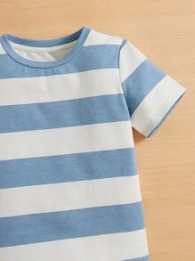 SHEIN Young Boy Casual Loose-Fit Comfortable Striped Short Sleeve Top - Blue and White - View 3