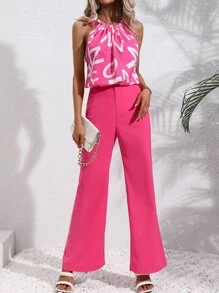SHEIN Privé Graphic Print Knot Detail Halter Top & Wide Leg Trousers - Hot Pink - View 1