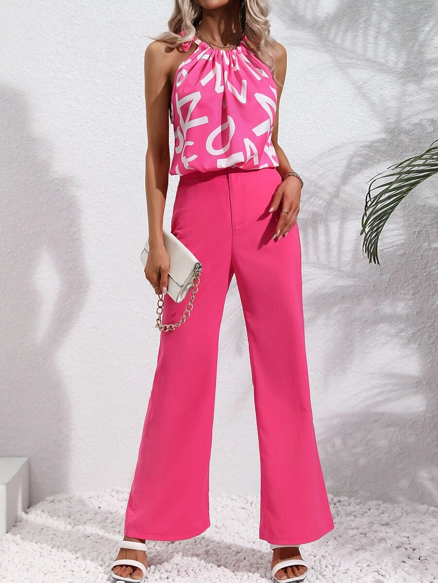 SHEIN Privé Graphic Print Knot Detail Halter Top & Wide Leg Trousers - Hot Pink - View 1