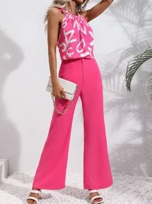 SHEIN Privé Graphic Print Knot Detail Halter Top & Wide Leg Trousers - Hot Pink - View 4