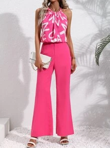 SHEIN Privé Graphic Print Knot Detail Halter Top & Wide Leg Trousers - Hot Pink - View 5
