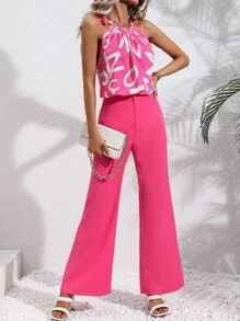 SHEIN Privé Graphic Print Knot Detail Halter Top & Wide Leg Trousers - Hot Pink - View 6