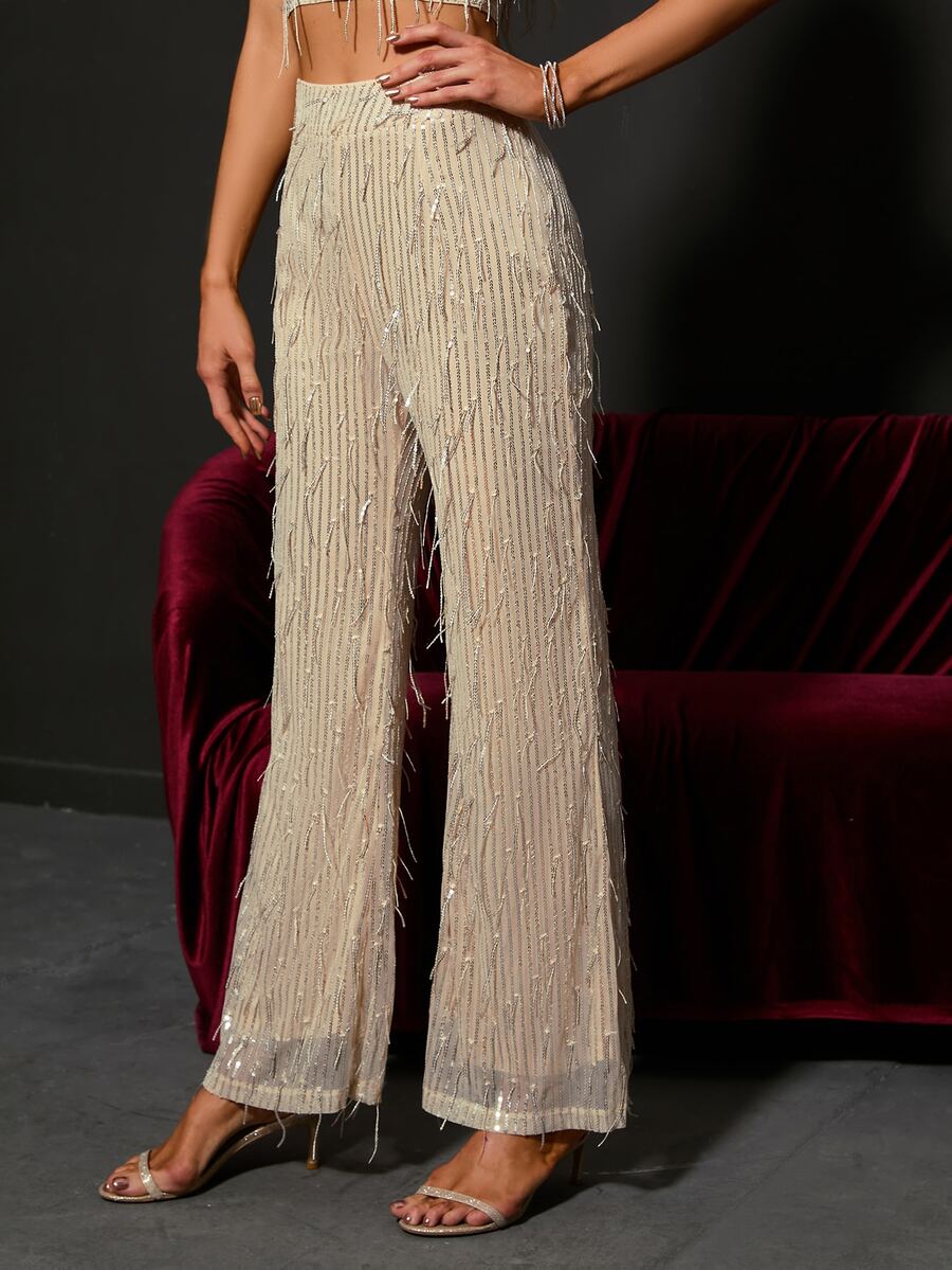 Double Crazy High Waist Fringe Sequin Flare Leg Trousers - Khaki - View 1