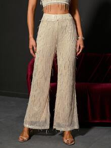 Double Crazy High Waist Fringe Sequin Flare Leg Trousers - Khaki - View 3