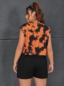 SHEIN EZwear Plus Tie Dye and Letter Graphic Tank Top & Shorts - Multicolor - View 4