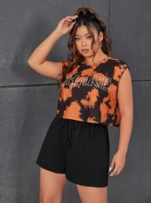 SHEIN EZwear Plus Tie Dye and Letter Graphic Tank Top & Shorts - Multicolor - View 1