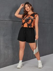 SHEIN EZwear Plus Tie Dye and Letter Graphic Tank Top & Shorts - Multicolor - View 2