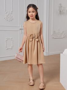 Chica preadolescente Vestido de fiesta con lazo delantero con diseño de diamante de imitación - Caqui - Ver 3