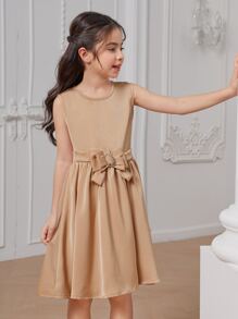 Chica preadolescente Vestido de fiesta con lazo delantero con diseño de diamante de imitación - Caqui - Ver 5