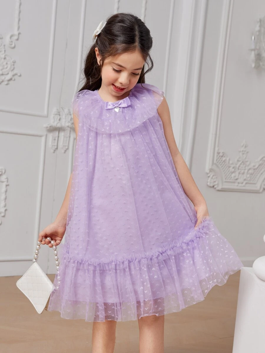 Tween Girls Bow Front Ruffle Hem Mesh Overlay Dress - Purple - View 1