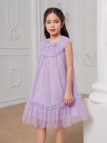 Tween Girls Bow Front Ruffle Hem Mesh Overlay Dress - Purple - View 4
