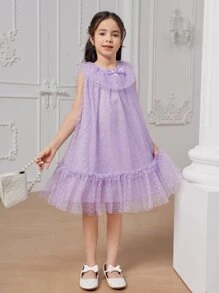 Tween Girls Bow Front Ruffle Hem Mesh Overlay Dress - Purple - View 5