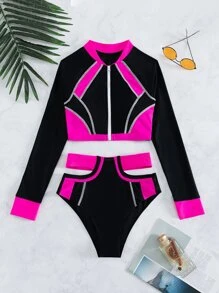 Colorblock Zip Front Cut Out Bikini Set Summer Beach - Multicolor - View 4