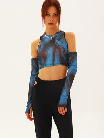 圖案印花挖肩短款上衣