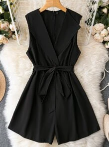 SHEIN LUNE Plus Waterfall Collar Belted Sleeveless Romper - Black - View 1