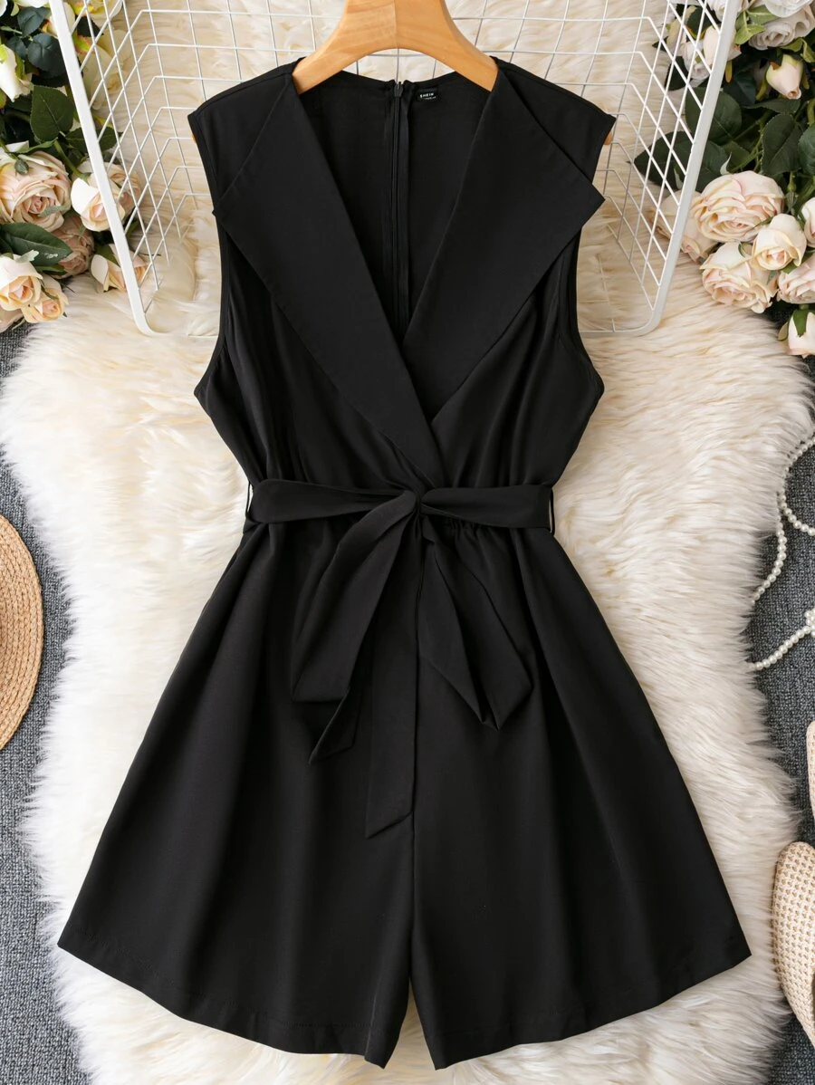 SHEIN LUNE Plus Waterfall Collar Belted Sleeveless Romper - Black - View 1