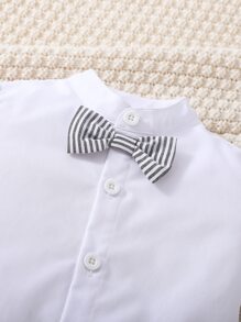 SHEIN للاولاد الاطفال عقدة الفراشة أمامية قميص & مخطط شورت بحمالات - متعدد الألوان - مشاهدة 5