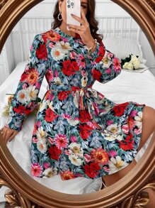 SHEIN Holidaya 大碼印花燈籠袖腰帶襯衫洋裝