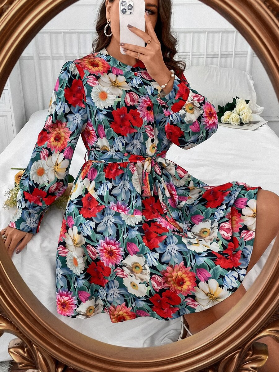 SHEIN Holidaya 大碼印花燈籠袖腰帶襯衫洋裝