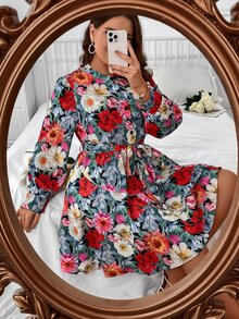 SHEIN Holidaya 大碼印花燈籠袖腰帶襯衫洋裝