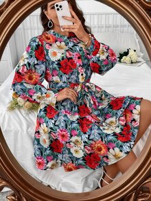 SHEIN Holidaya 大碼印花燈籠袖腰帶襯衫洋裝