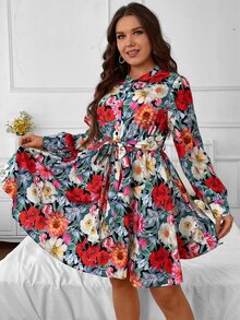 SHEIN Holidaya 大碼印花燈籠袖腰帶襯衫洋裝