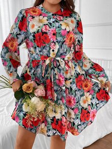 SHEIN Holidaya 大碼印花燈籠袖腰帶襯衫洋裝