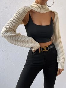 SHEIN Essnce Jersey de cuello alto de espalda abierta súper crop sin top de tirantes - Beis - Ver 1