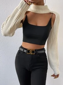 SHEIN Essnce Jersey de cuello alto de espalda abierta súper crop sin top de tirantes - Beis - Ver 3