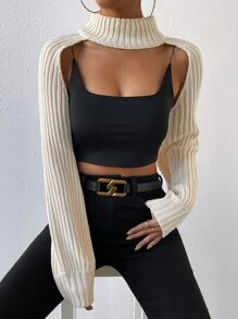 SHEIN Essnce Jersey de cuello alto de espalda abierta súper crop sin top de tirantes - Beis - Ver 4