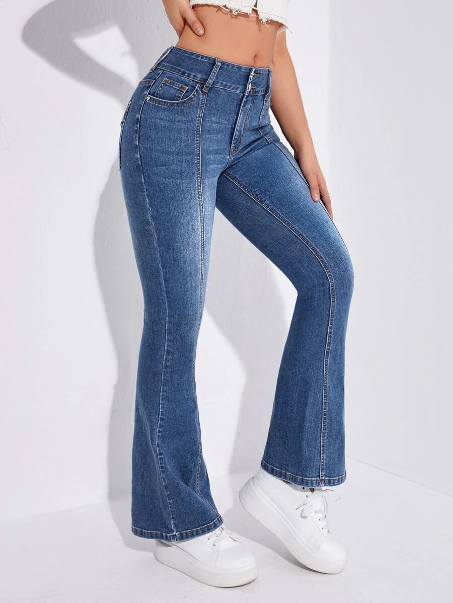 Slant Pocket Flare Leg Jeans - Dark Wash - View 1