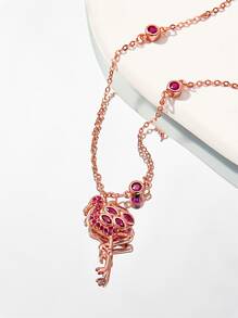 方晶鋯石裝飾火烈鳥吊飾銀項鍊 - 玫瑰金 - 查看 1