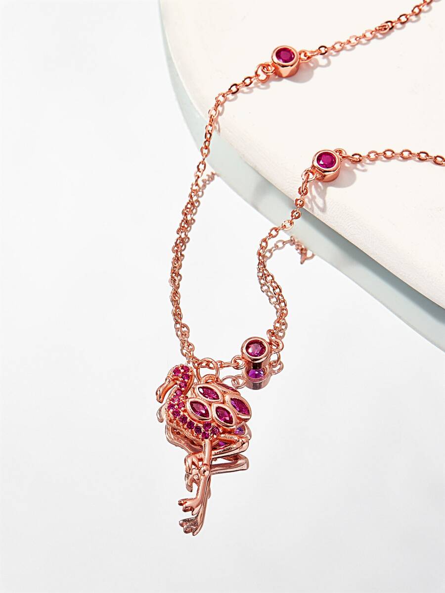 方晶鋯石裝飾火烈鳥吊飾銀項鍊 - 玫瑰金 - 查看 1