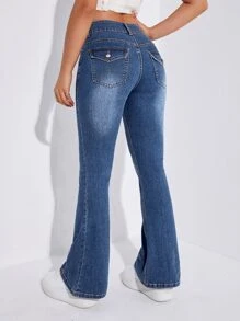 Slant Pocket Flare Leg Jeans - Dark Wash - View 2