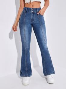 Slant Pocket Flare Leg Jeans - Dark Wash - View 4